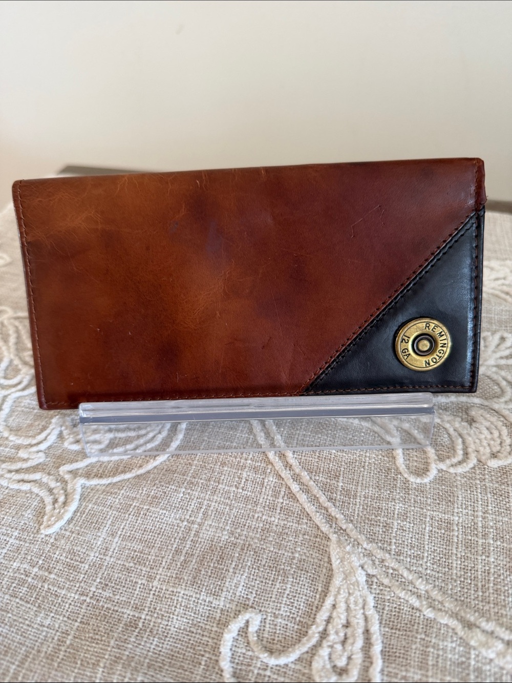 Remington 12 Ga Vintage Brown and Black Leather Slim Long Bifold Wallet